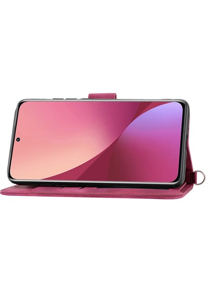 Xiaomi Redmi Için Note 12 Pro+ 5g Telefon Kabuğu Cilt Taşlama Duygu Baskılı Çiçekler Stand Deri Cüzdan Bilek Kayışı ve Omuz Kayışı ile Kapak-Şarap Kırmızısı (Yurt Dışından)