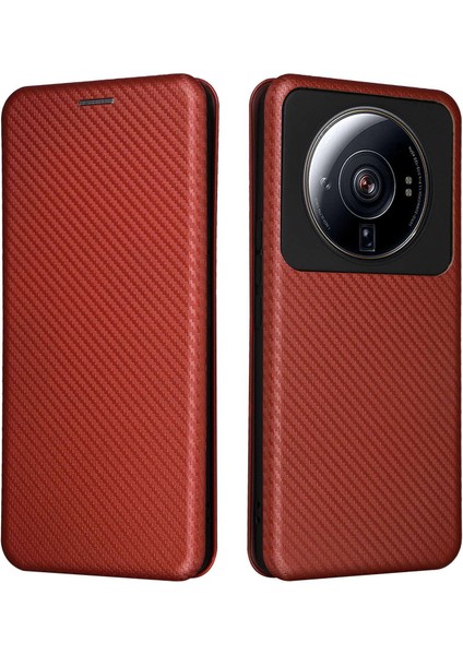 Xiaomi 12S Ultra 5g Manyetik Karbon Fiber Doku Telefon Kılıf Stand Standı Kart Yuvası Kahverengi (Yurt Dışından)