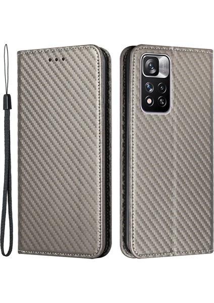 Manyetik Otomatik Emilmiş Karbon Fiber Doku Damla Geçirmez Pu Deri Deri Cüzdan Stand Telefon Kapak Kılıfı Xiaomi Redmi Note 11 Pro 5g (Çin) (Mediatek)/note 11 Pro+ 5g-Grey (Yurt Dışından)