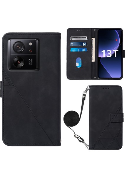 Xiaomi 13T/13T Pro/redmi K60 Ultra Deri Kılıf Stand Cüzdan Telefon Kapağı Omuz Kayışı Black (Yurt Dışından)