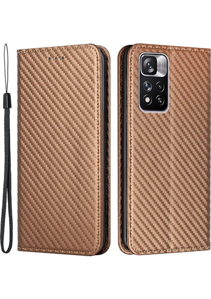 Manyetik Otomatik Emici Karbon Fiber Doku Damla Geçirmez Pu Deri Cüzdan Standı Xiaomi Redmi Için Telefon Kapak Kılıfı Not 11 Pro 5g (Çin) (Mediatek)/not 11 Pro+ 5g-Brown (Yurt Dışından)