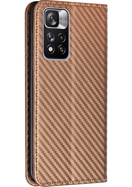 Manyetik Otomatik Emici Karbon Fiber Doku Damla Geçirmez Pu Deri Cüzdan Standı Xiaomi Redmi Için Telefon Kapak Kılıfı Not 11 Pro 5g (Çin) (Mediatek)/not 11 Pro+ 5g-Brown (Yurt Dışından)