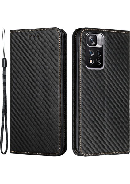 Manyetik Otomatik Emici Karbon Fiber Doku Damla Geçirmez Pu Deri Cüzdan Standı Xiaomi Redmi Için Telefon Kapak Kılıfı Note 11 Pro 5g (Çin) (Mediatek)/not 11 Pro+ 5g-Black (Yurt Dışından)