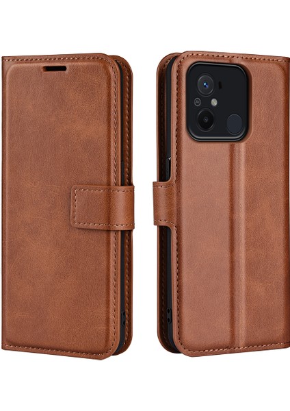 Xiaomi Redmi Için 12C 4g Buzağı Doku Pu Deri Deri Stand Cüzdan Kılıfı Kare Manyetik Toka Telefon Kapak Işık Kahverengi (Yurt Dışından)