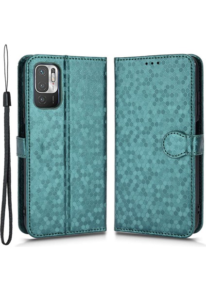 Xiaomi Için Redmi Not 10T 5g/redmi Not 10 5g/poco M3 Pro 4g/5g Fingerprint Baskılı Dot Desen Pu Deri Telefon Kılıfı Cüzdan Stand Flip Hafif Cep Telefon Kapağı Kayış-Yeşil (Yurt Dışından)