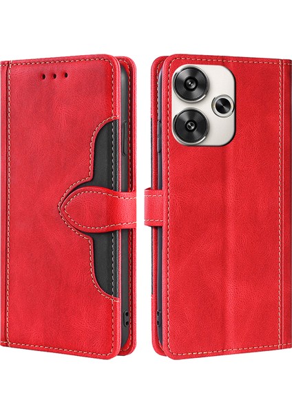 Xiaomi Poco F6 5g Kılıf Pu Deri Cüzdan Telefon Kapağı Hasır Şapka Manyetik Toka-Kırmızı (Yurt Dışından)