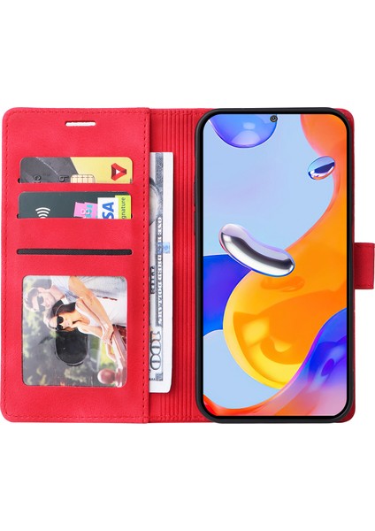 Xiaomi Redmi Için Note 12 Pro 4g/note 11 Pro 4g (Mediatek)/note 11 Pro 5g (Qualcomm) Cilt Touch Deri Telefon Kılıf Cüzdan Katlama Stand Kabuk-Kırmızı (Yurt Dışından)