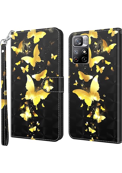 Xiaomi Redmi Için Not 11 5g (Çin) (Mediatek)/not 11T 5g/not 11S 5g 3D Desen Baskı Manyetik Pu Deri Deri Deri Stand Kitap Kapağı Strap-Golden Kelebek (Yurt Dışından)