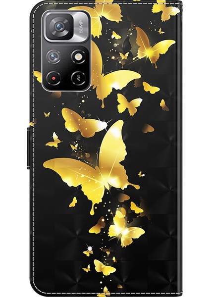 Xiaomi Redmi Için Not 11 5g (Çin) (Mediatek)/not 11T 5g/not 11S 5g 3D Desen Baskı Manyetik Pu Deri Deri Deri Stand Kitap Kapağı Strap-Golden Kelebek (Yurt Dışından)