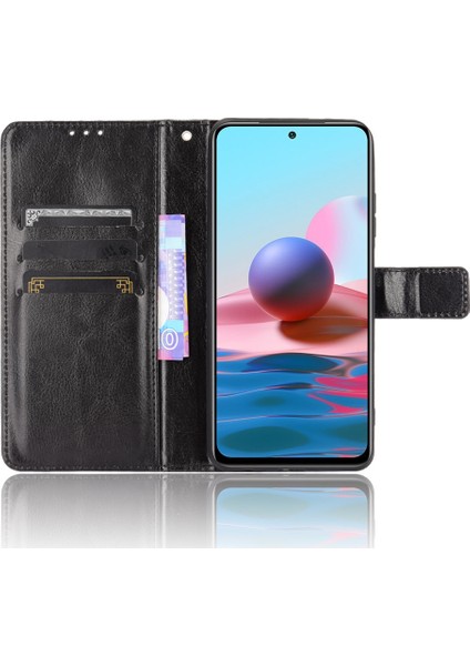 Çılgın At Doku Cüzdan Tasarımı Pu Deri Stand Koruyucu Xiaomi Redmi Note 10 4g/not 10S/POCO M5S 4g-Black (Yurt Dışından)