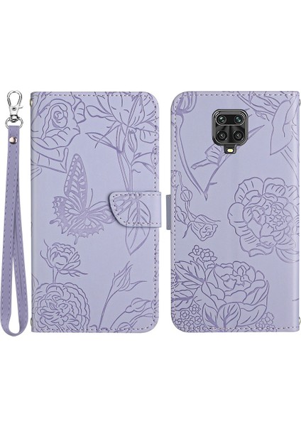 Xiaomi Redmi Için Note 9 Pro 4g/note 9 Pro Max/not 9s Cilt Touch Duygu Cüzdan Kelebek Çiçeği Baskılı Pu Deri Stand Flip Strap Light Purple ile Tam Cisim Koruyucu Kapak (Yurt Dışından)