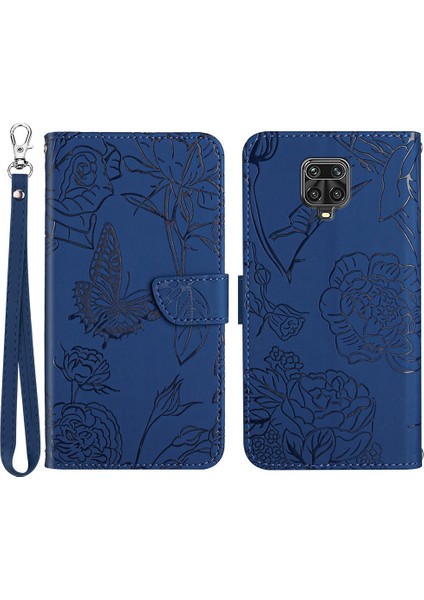 Xiaomi Redmi Için Note 9 Pro 4g/note 9 Pro Max/not 9s Cilt Touch Duygu Cüzdan Kelebek Çiçeği Baskılı Pu Deri Stand Flip Strap-Mavi ile Tam Cisim (Yurt Dışından)