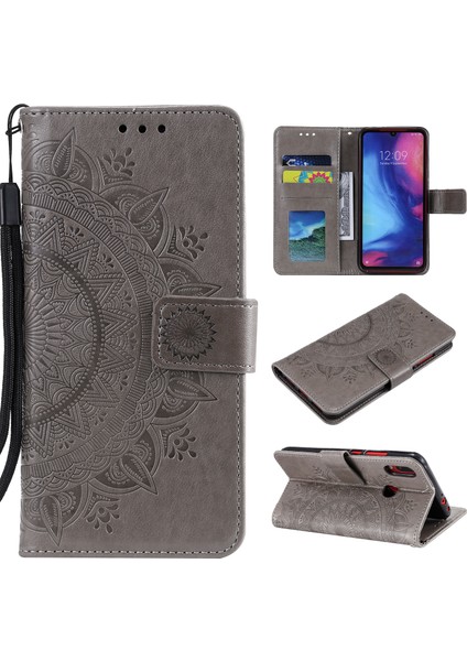Xiaomi Redmi Için Mandala Desen Desen Deri Deri Flip Kılıf Not 7s/not 7/not 7 Pro (Hindistan) -Grey (Yurt Dışından)