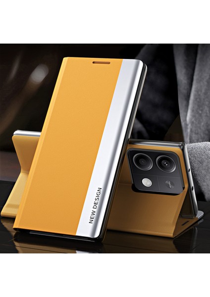 Xiaomi Redmi Note 13 Pro 5g Standlı Kılıf Için Dropproof Pc+Deri Telefon Koruma Kapağı-Sarı (Yurt Dışından)