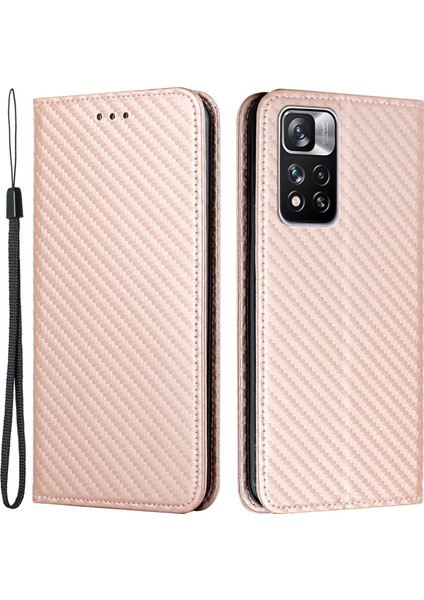 Manyetik Otomatik Emici Karbon Fiber Doku Damla Geçirmez Pu Deri Cüzdan Standı Xiaomi Redmi Için Telefon Kapak Kılıfı Not 11 Pro 5g (Çin) (Mediatek)/not 11 Pro+ 5g-Rose Altın (Yurt Dışından)