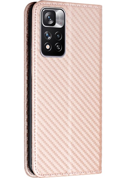 Manyetik Otomatik Emici Karbon Fiber Doku Damla Geçirmez Pu Deri Cüzdan Standı Xiaomi Redmi Için Telefon Kapak Kılıfı Not 11 Pro 5g (Çin) (Mediatek)/not 11 Pro+ 5g-Rose Altın (Yurt Dışından)