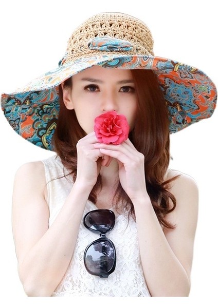 Uv Koruma Katlanabilir Güneş Plaj Şapkası Büyük Kenarlı Güneş Koruyucu Hasır Şapka (Yurt Dışından)