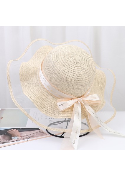 Büyük Saçak Yay Şerit Plaj Şapkası Bayanlar Yaz Açık Hasır Şapka (Yurt Dışından)
