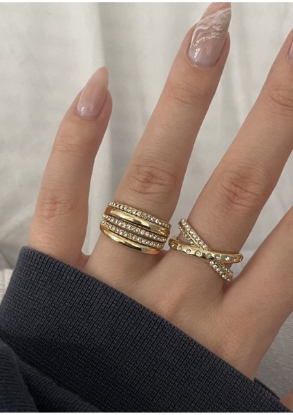 Tekno Trust Altın Gold Renk Zirkon Taşlı Çapraz ve Düz Yüzük Çifti Lak Kaplama Zirkon Taş