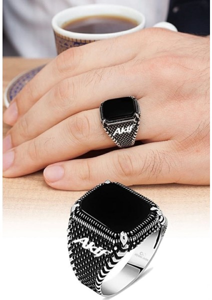 Tekno Trust Gümüş Gümüş Isimli Oniks Taşlı Erkek Yüzük Zirkon Taş Parlak