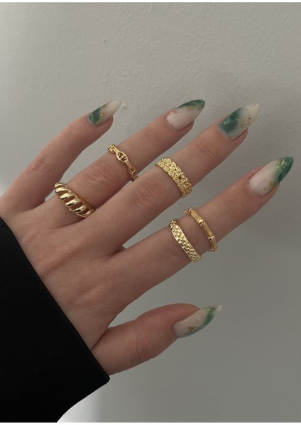 Tekno Trust 5'li Vintage Desenli Yüzük Seti Lak Kaplama Altın