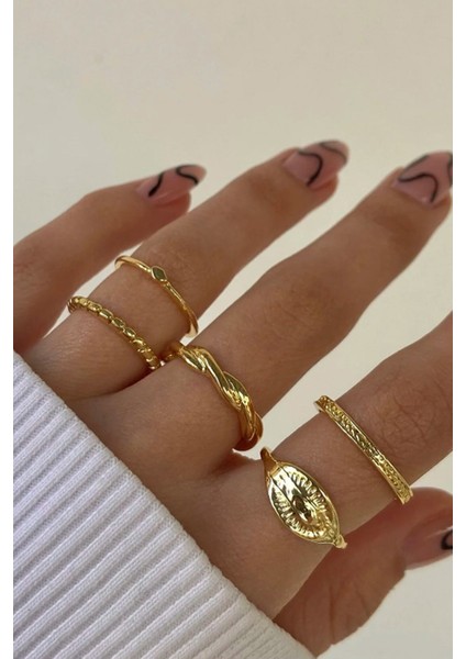 Tekno Trust Altın 5'li Yüzük Seti Altın Rengi 1542 100% Metal Zamak Kaplama