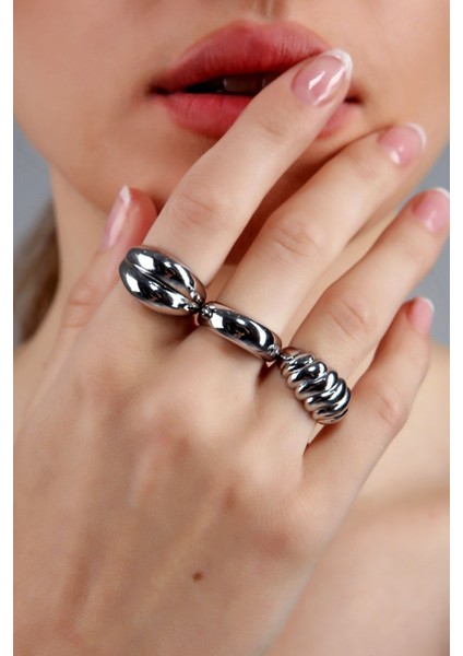 Tekno Trust Gümüş Bombeli Yüzük Seti 3'lü Altın Kaplama fiyatları