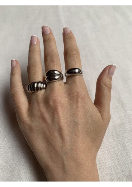 Tekno Trust Gümüş Bombeli Yüzük Seti 3'lü Altın Kaplama modelleri