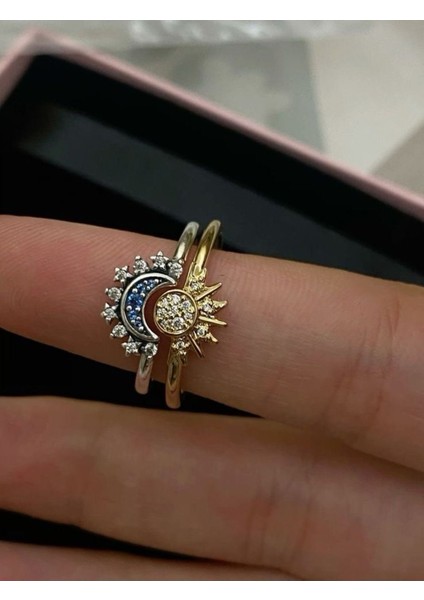 Tekno Trust Zirkon Taş Çelik Güneş Ay Yüzük Çelik Altın