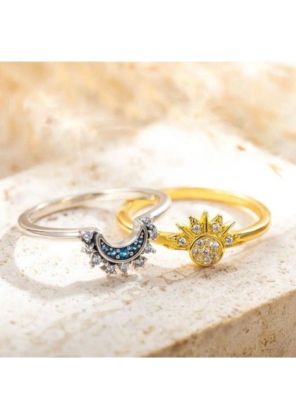 Tekno Trust Zirkon Taş Çelik Güneş Ay Yüzük Çelik Altın modelleri