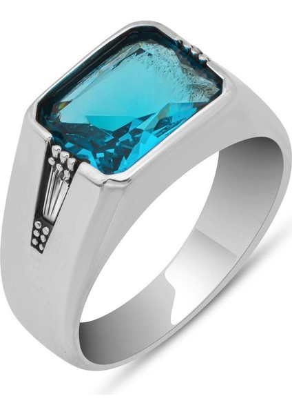 Tekno Trust Parlak Aqua Mavi Taşlı 925 Gümüş Erkek Yüzük Zirkon Taş 925 Ayar Gümüş fiyatları