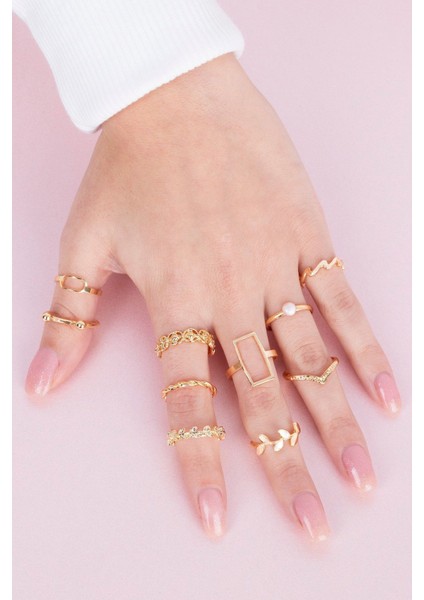 Tekno Trust Zirkon Taş Inci ve Zeytin Dalı Figürlü 10'lu Yüzük Kombini 023 Paslanmaz Çelik Altın