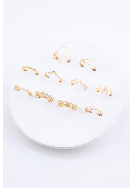 Tekno Trust Zirkon Taş Inci ve Zeytin Dalı Figürlü 10'lu Yüzük Kombini 023 Paslanmaz Çelik Altın modelleri