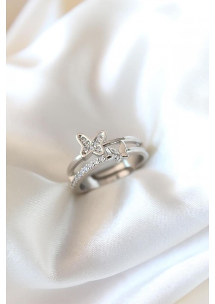 Tekno Trust Parlak Kelebek Desenli Taşlı Çelik Yüzük Zirkon Taş Çelik Gümüş