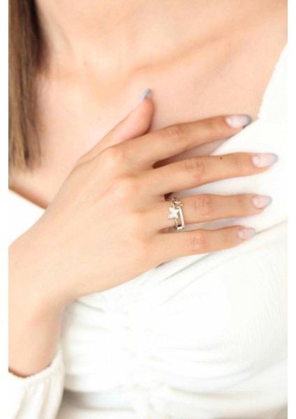 Tekno Trust Parlak Kelebek Desenli Taşlı Çelik Yüzük Zirkon Taş Çelik Gümüş fiyatları