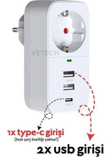 Ftr-17 Isıya Dayanıklı Çocuk Koruma 2 USB 1 x Type C Akım Termal Akım Korumalı Priz fiyatları