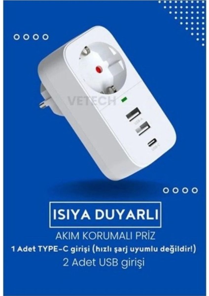 Ftr-17 Isıya Dayanıklı Çocuk Koruma 2 USB 1 x Type C Akım Termal Akım Korumalı Priz modelleri