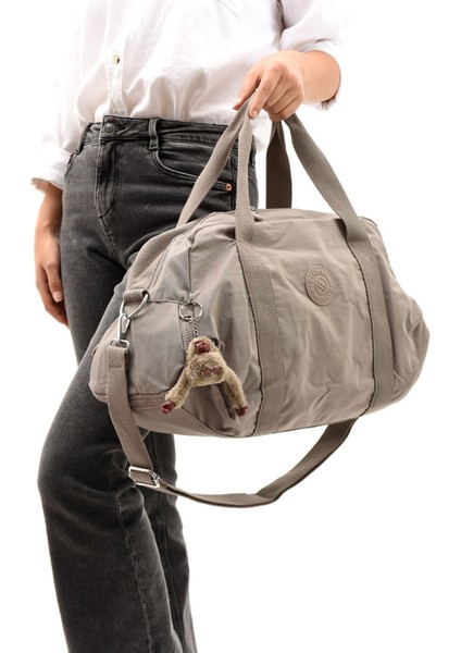 Unısex Büyük Boy Vizon Renkli Krinkıl Kumaş Ayakkabı Bölümlü Çapraz Askılı Spor ve Seyahat Çantası