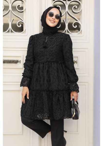 Kat Piliseli Siyah Tesettür Tunik 13921s