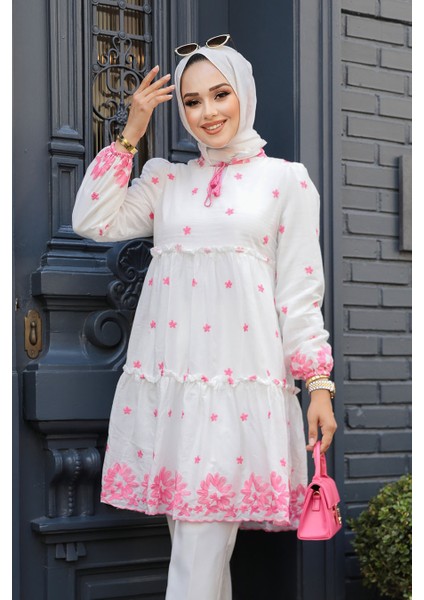 Desenli Pembe Tesettür Tunik 13821p