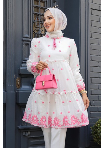 Desenli Pembe Tesettür Tunik 13821p