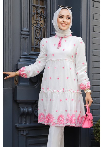 Desenli Pembe Tesettür Tunik 13821p
