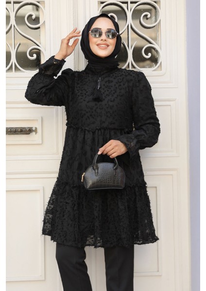 Kat Piliseli Siyah Tesettür Tunik 13921s modelleri