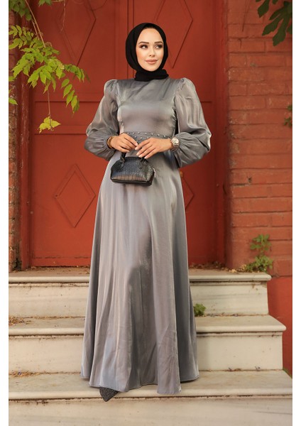 Boncuk Detaylı Gri Tesettür Abiye Elbise 23301gr fiyatları