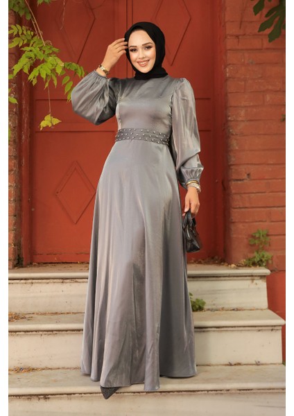 Boncuk Detaylı Gri Tesettür Abiye Elbise 23301gr modelleri