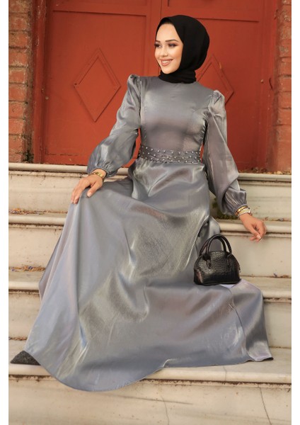 Boncuk Detaylı Gri Tesettür Abiye Elbise 23301gr fırsatları
