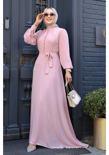Düğme Detaylı Pudra Tesettür Elbise 2703pd