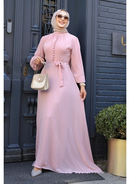 Düğme Detaylı Pudra Tesettür Elbise 2703pd fiyatları