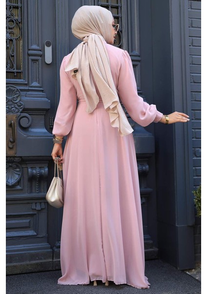 Düğme Detaylı Pudra Tesettür Elbise 2703pd modelleri
