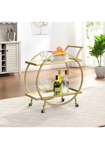 Tino Furniture Varşova Gold Metal Servis Arabası 6 Mm Ayna Raflı